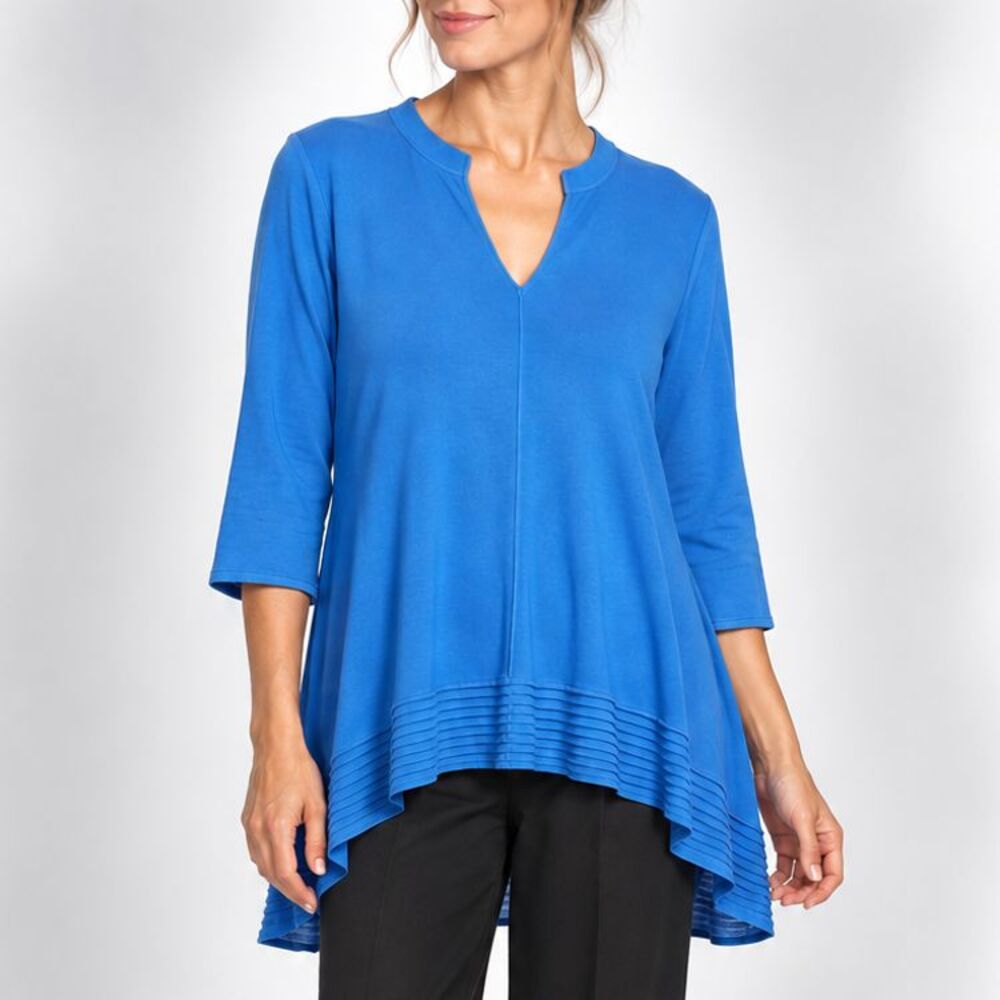 Ming Wang Womens S Blue Tunic Top 3/4 Sleeve Asymmetrical Hem Pleated Knit